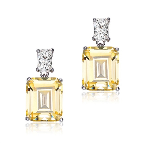 Prong Set Classic Two Stone Drop Earrings with Lab-made Emerald Cut Diamond by Diamond Essence set in Sterling Silver
