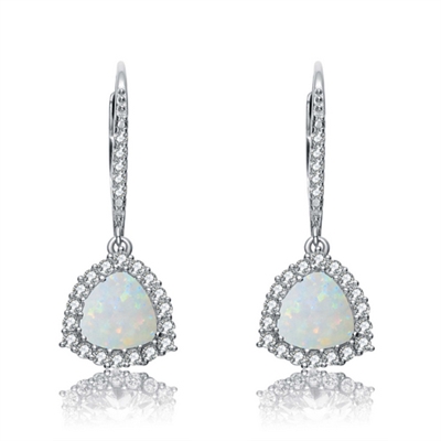Diamond Essence Lever-back Earrings With 1 Ct. Triangle Shape Opal Stone Surrounded By Melee And Melee On the Bail,2.50Cts.T.W. In Platinum Plated Sterling Silver.