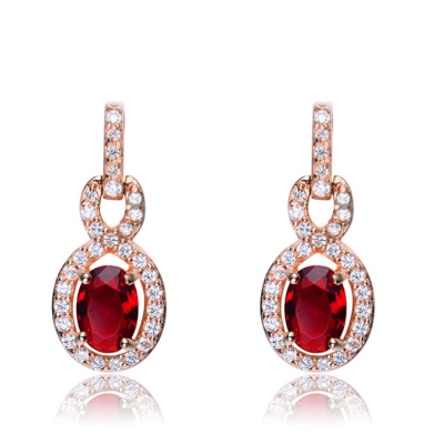 Designer Earring with 1.0 CT Ruby Essence in the center. Round brilliant melee on the bail and surrounding center stone with interwined design. 2.75 cts.t.w. in Rose Plated Sterling Silver. ( Matching Pendant item# SPC6600RR)