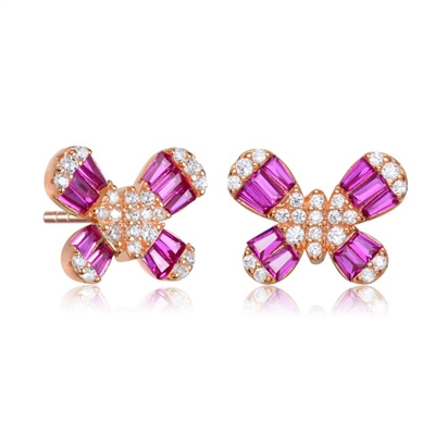 Diamond Essence Butterfly Stud Earrings With Ruby Baguettes and Round Melee, 2.10 Cts.t.w. set in Rose Plated Sterling Silver.
10mm Length  x 13mm Width.