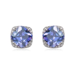 Diamond Essence Earrings With Cushion cut Sapphire in Four Prongs surrounded by Brilliant Melee in Platinum Plated Sterling Silver with rose plating.