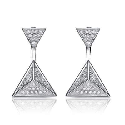 Diamond Essence Two in One Style Earrings, can wear as stud or Dangle, 0.75 Ct.T.W. In Platinum Plated Sterling Silver.