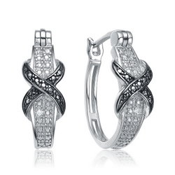 Pair Of Platinum Plated Twisted Hoop Earrings With Round Brilliant Stones Giving a Two Tone Blend With A Clip-In Lock Type.