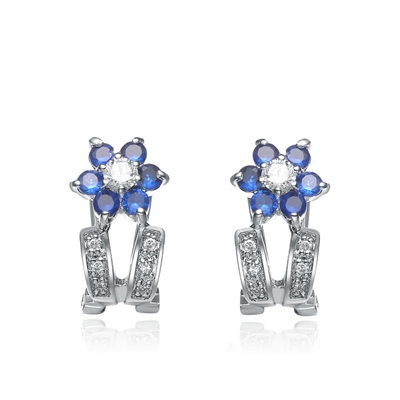 Platinum Plated Sterling Silver Clip On Earrings with Sapphire Essence Floral Design, 1.20 Cts.T.W.