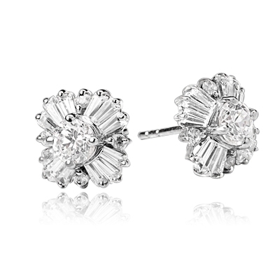 Magnificent star bright Earrings with Round Brilliant Diamond Essence and Baguettes Masterpieces,1.25 Cts.T.W. in Platinum Plated Sterling Silver.