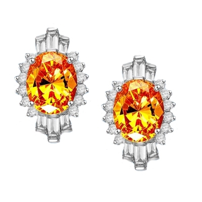 Diamond Essence Earrings in Platinum Plated Sterling Silver with 4 ct. Canary Essence center in four prongs setting. Baguettes and round stones on either side makes it designer wear. 10 cts.t.w.