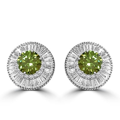 Diamond Essence Designer Earrings with 2.5 carat each, Round Peridot center in six prongs high setting, surrounded by Round Brilliant melee and baguettes, 15.2 Cts.t.w. in Platinum Plated Sterling Silver.