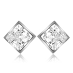 Classic square studs of Diamond Essence  princess cut stones, 2.0 ct. each set in Platinum Plated Sterling Silver, 4.0 cts.t.w.