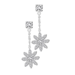 Platinum Plated Sterling Silver, 1-1/4" long dangling earring feature at each ear, a meltingly beautiful snowflake made up of delicate round cut Diamond Essence masterpieces drifting down from round brilliant cut stones at the top. 2.20 cts.t.w.