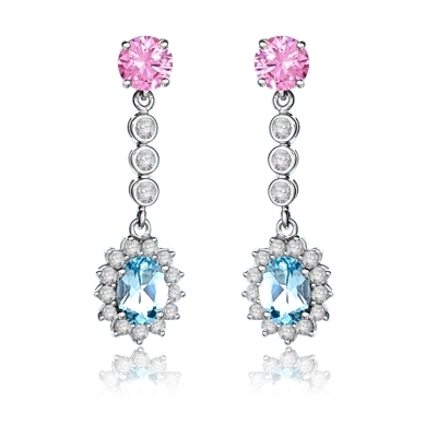 A beautiful designer dangling. 1.5 ct. oval Blue Topaz essence surrounded by round brilliant melee,  and 1 ct. round Pink Essence are connected by bezel set round stones. 6 cts.t.w. in Platinum Plated Sterling Silver.