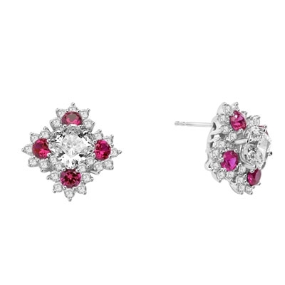 Designer Earrings with Asscher cut Diamond Essence in center surrounded by Floral Designs created with Round Ruby Essence and Melee. 6.0 Cts. T.W. set in Platinum Plated Sterling Silver.