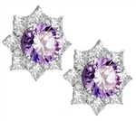 Floral Earrings with 3.5 Cts.  Round Lavender Essence in center surrounded by Princess cut Diamond Essence and Melee. 6.5 Cts. T.W. set in Platinum Plated Sterling Silver.