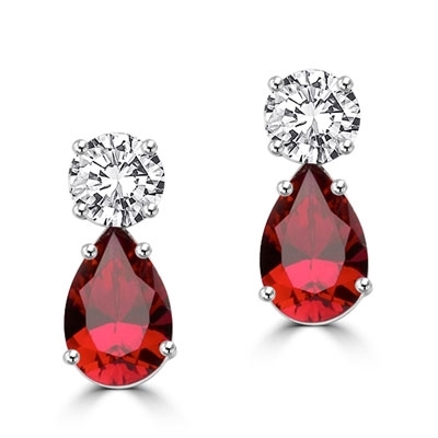 Best Selling Tear Drop Diamond Essence Earrings - White Brilliant Round Stone is 2 Ct and Ruby Essence Pear Stone is 5 Ct. A Brilliant Sparkle of 14 Cts. T.W. for the pair of earrings! In Platinum Plated Sterling Silver.