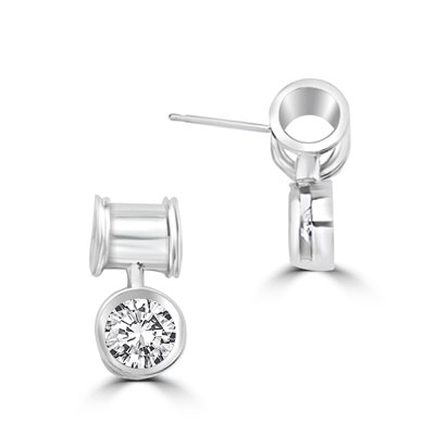 Unique Bezel set drop earring with 2 Cts. T.W. Round Diamond Essence, in 14k Platinum Plated Sterling Silver.