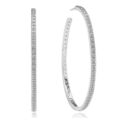 Sparkling Circle - 1.75 '' Extra large hoop earrings, Diamond Essence round melee set in Platinum Plated Sterling Silver. 1.50 Cts. T. W.