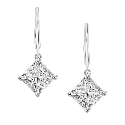 Diamond Essence Lever Back Earrings with Princess Cut 8MM Masterpiece. The specially set Sterling Silver Earrings make for an Impressive 4 Cts. T.W.