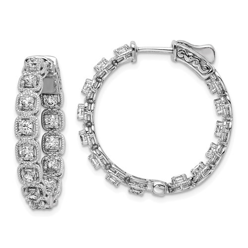 Diamond Essence Platinum Plated Sterling Silver In and Out Hoop earrings 2.0 Cts.t.w. of Round brilliant Melee set in tension setting, with lock closure.
Length 28.5 mm and width 28.5 mm