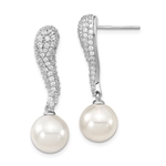 The prong set S majestic designer dangle earring for women with 10 mm synthetic pearl drop and simulated round brilliant melee by Diamond Essence set in platinum plated sterling silver.