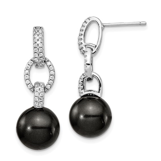 Diamond Essence Pearl Earrings with Round Brilliant Melee, 2 Cts.t.w. set in Platinum Plated Sterling Silver.