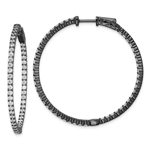 Diamond Essence In and Out, Black Rhodium Plated Sterling Silver Hoop Earring with safety clasp, 2mm thickness and 42 mm length, 3.0 cts.t.w.