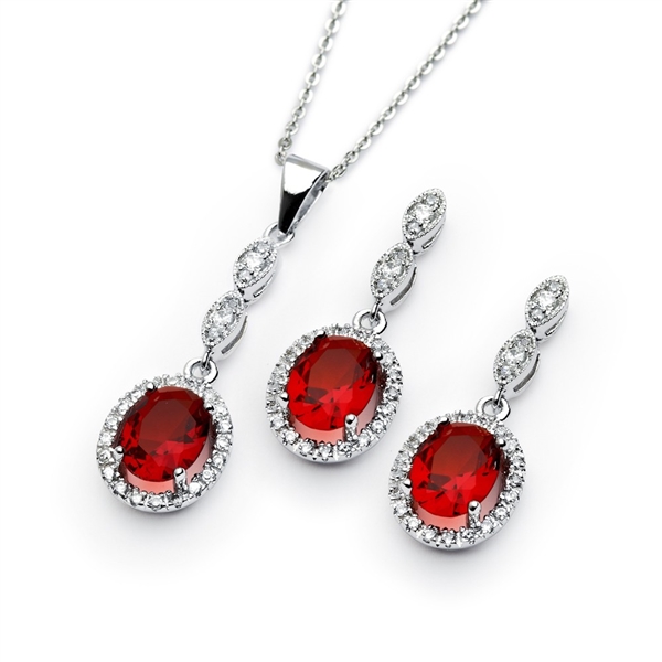 A marvelous pair of the four-prong set designer earring-pendant duo for women with oval-cut Ruby Diamond by Diamond Essence set in platinum-plated sterling silver. 5.0 Cts.t.w.