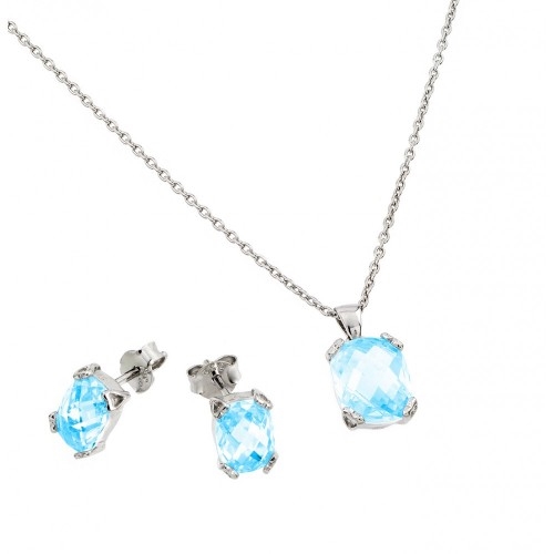 Diamond Essence Earring And Pendant Set With French Cut Aquamarine Essence Stones In Platinum Plated Sterling Silver, 5.50 Cts.T.W.