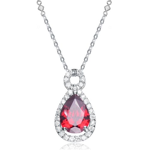 Diamond Essence delicate necklace with 2 carat Pear shape Ruby Essence with Diamond Essence melee around, on 18" long chain. 2.25 Cts.t.w in Platinum Plated Sterling Silver.