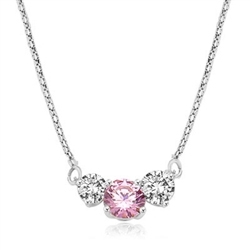 Pink Essence stone accompanied by Diamond Essence stones on each side to make delicate but stunning looking necklace,Platinum Plated Sterling Silver. 4.0 cts. T.W. on 16 inch Silver Chain.