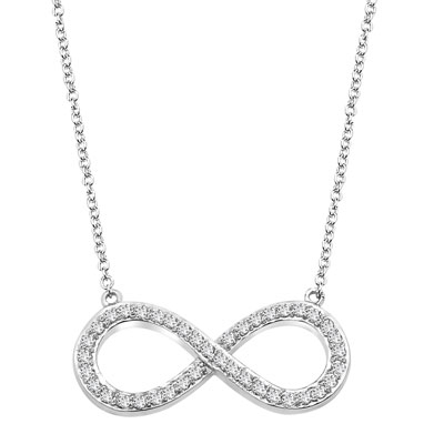 Prong Set Infinity Necklace with Artificial Round Brilliant Melee Diamonds by Diamond Essence set in Sterling Silver