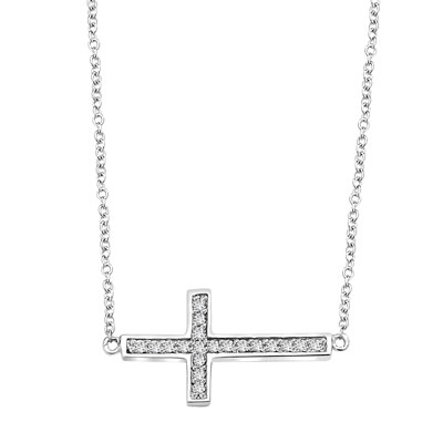 East-West Cross Necklace with 16" long attached chain and 0.25 ct.t.w. Diamond Essence Melee, in Platinum Plated Sterling Silver.