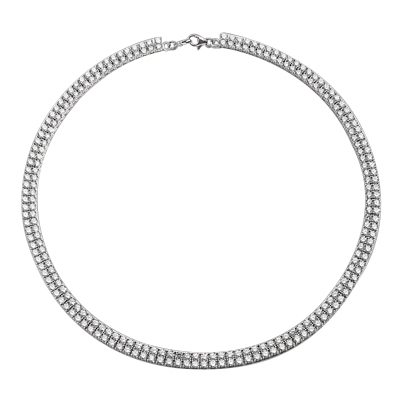 16" long Designer Necklace with two rows of Round Diamond Essence, set delicately in four prong setting, 38.0 Cts. T.W. set in Platinum Plated Sterling Silver.