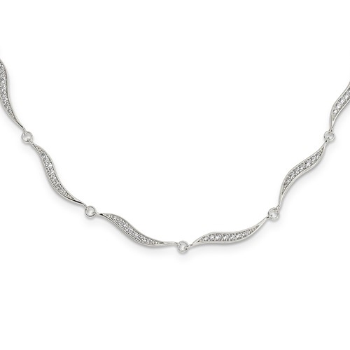 A stunning pave-set designer necklace for women with simulated round brilliant diamonds on wavy links all around the neckline by Diamond Essence set in platinum plated sterling silver. 3.0 Cts.t.w.