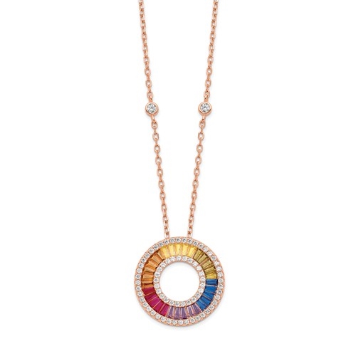 Diamond Essence Rose Plated Multi Color Designer Necklace, With Colorful Baguettes and Round Brilliant Melee in Channel setting of Rose Plated Sterling Silver. 5.0 Cts.t.w.
16" length with 2" extension.