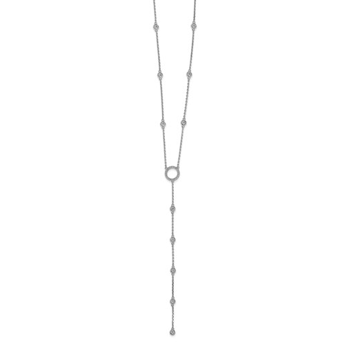 Lariat necklace with artificial brilliant round diamonds 1 Cts.t.w. 2.5mm in bezel set & 21, 1.2 mm round melee in platinum plated sterling silver.
