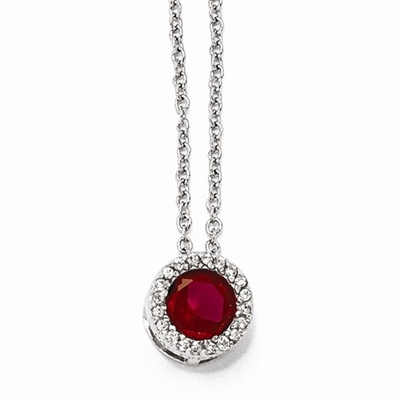 Platinum Plated Sterling Silver Diamond Essence Necklace With Round Brilliant Ruby Essence Center Escorted By Brilliant Melee.