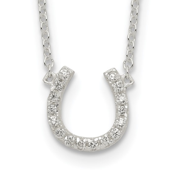 Bring The Luck with this beautiful Horseshoe necklace of Diamond Essence Round Brilliant Melee, 0.50 cts.t.w. set in Platinum Plated Sterling Silver and attached with a 16" long chain with 1" extension.