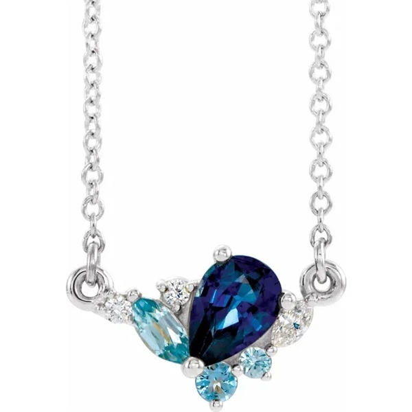 A marvelous and prong set designer 18 " long necklace for women with sapphire pear cut, aquamarine marquise and round brilliant Diamonds by Diamond Essence set in platinum plated sterling silver. 1.50 Cts.t.w.