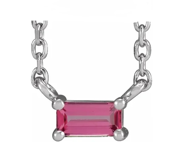 Women's single artificial pink tourmaline straight baguette necklace by Diamond Essence set in platinum plated sterling silver. 0.25 Cts. t.w.