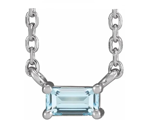 Women's single artificial blue topaz straight baguette necklace by Diamond Essence set in platinum plated sterling silver. 0.25 Cts. t.w.