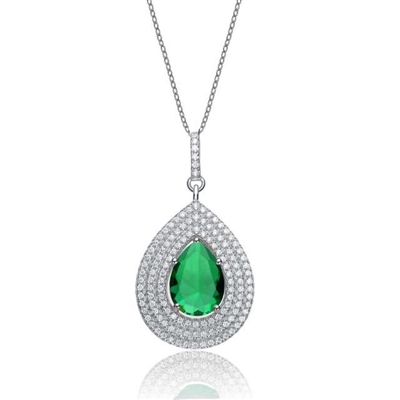 Diamond Essence Designer Pendant With Emerald Essence Pear Center Surrounded By 3 Rows Of Melee In Steps And Melee On The Bail Enhance The Look, 3.50Cts.T.W. In Platinum Plated Sterling Silver.