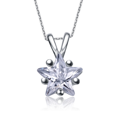 Diamond Essence Star Pendant. 2.5 ct. set in five prongs Platinum Plated Sterling Silver setting.