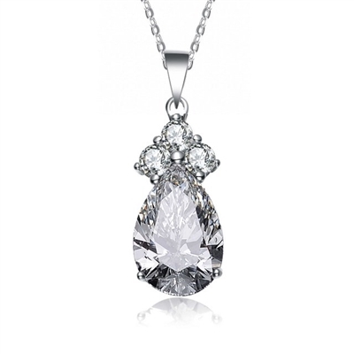 Diamond Essence Pendant With Trio Of Round Brilliant Stones Grace The Pear Essence Stone's  Peak, 2.50 Cts.T.W. In Platinum Plated Sterling Silver.
