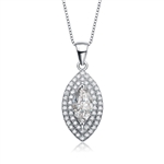 Diamond Essence Pendant With Marquise Essence Center Escorted By Two Rows Of Round Brilliant Melee, 1.60 Cts.T.W. In Platinum Plated Sterling Silver.
&#8203;Free Silver Chain Included.
&#8203;Approx Size Of Pendant Is 26.5mm Length And 10mm Width.