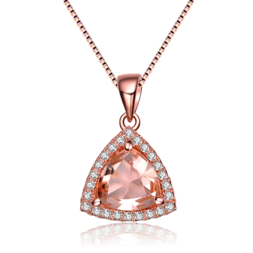 Diamond Essence Pendant With Trilliant Stone Surrounded By Melee In Rose Plated Sterling Silver.