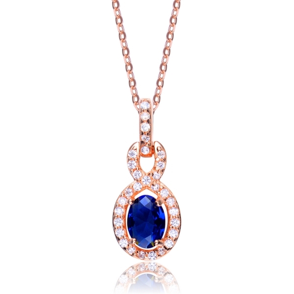 Designer Pendant with 1.0 CT Sapphire Essence in the center. Round brilliant melee on the bail and surrounding center stone with interwined design. 1.75 cts.t.w. in Rose Plated Sterling Silver. ( Matching Earring item# SEC6600SR)