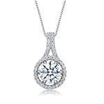 Diamond Essence Designer Pendant with Round Brilliant Stone and Melee, 2.20 Cts.t.w. set in Platinum Plated Sterling Silver. 18mm Length x 10mm Width.