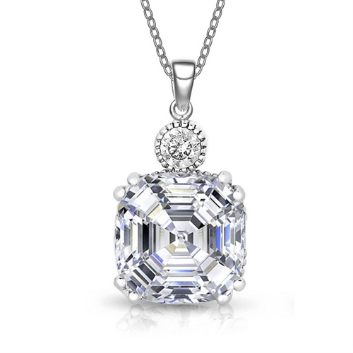 Diamond Essence Pendant With Asscher cut Stone in Platinum Plated Sterling Silver.

    Approx Size: 9.2 mm width and 19 mm Length.