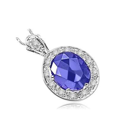 oval sapphire encircled by gems in silver pendant