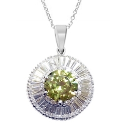 Diamond Essence Designer Pendant with 2.50 Cts. Round Peridot center in six prongs high setting, surrounded by Round Brilliant Melee and Baguettes, 7.60 Cts.T.W. in Platinum Plated Sterling Silver.