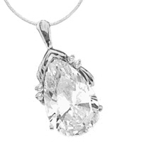 Platinum Plated Sterling Silver Pendant, 18 Carats T.W., with Pear Cut jewel and four Melee accents.The pear cut stone is 22x44mm. In the back the bail has a snap on so that it can be worn as Pearl Enhancer on a Pearl Necklace.